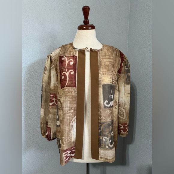 R&M Collection Women Brown Print Design Cardigan Metallic Details Size 18 - Picture 3 of 10